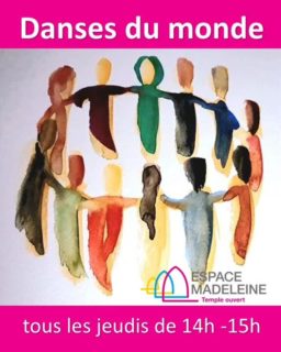 Danses du monde - tous les jeudis de 14h à 15h (sauf pendant les vacances scolaires)

Se déplacer en musique dans une atmosphère détendue; exercer l'équilibre, la coordination et la mémoire ! Informations détaillées: monique.sieber@protestant.ch, 022 310 47 29

Kreistänze für Seniorinnen und Senioren - Jeden Donnerstag von 14 bis 15 Uhr

#dansesdumonde #kreistänze #dansesseniors #egliseouverte  #citychurch #offenekirche #espacemadeleine #templedelamadeleine #musique #geneve #temple #protestant #epggeneve #spiritualité #genfreformiert @espacemadeleine