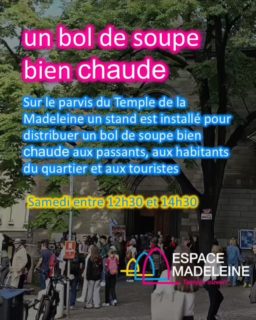 un bol de soupe bien chaude
Ce samedi entre 12h30 et 14h30
Sur le parvis du Temple de la Madeleine un stand est installé pour distribuer un bol de soupe bien chaude aux passants, aux habitants du quartier et aux touristes
Temple de la Madeleine, rue de la Madeleine 15, Genève 
#egliseouverte #citychurch #offenekirche #espacemadeleine #templedelamadeleine #geneve #temple #œcuménique #protestant #reformée #epggeneve #genfreformiert  @espacemadeleine