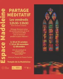 Une méditation -  vendredi 10 octobre à 12h30
Une demi-heure d’écoute de la parole, de silence, de recueillement, de musique, de partage
#meditation #silence #recueillement #musique #partage #egliseouverte #citychurch #offenekirche #espacefusterie #espacemadeleine #templedelamadeleine #geneve #temple  #protestant #epggeneve #spiritualité  #genfreformiert @espacemadeleine
