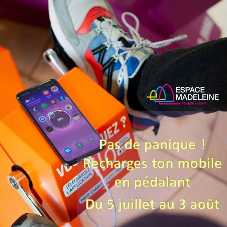 Pas de panique ! Recharges ton mobile en pédalant !
La batterie de ton téléphone est à plat ? Viens enfourcher le vélo à l’Espace Madeleine et donnes quelques tours de pédale pour réanimer ton appareil.
Dès mercredi 5 juillet et jusqu’au 3 août le vélo se trouve en libre accès à l’Espace Madeleine.
#mobile #smartphone #telephone #velo #batterie #recharge #stationderecharge #bornederecharge #energiehumaine #stationdepedalage #egliseouverte #citychurch #offenekirche #espacemadeleine #templedelamadeleine #geneve #temple #œcuménique #epggeneve #genfreformiert